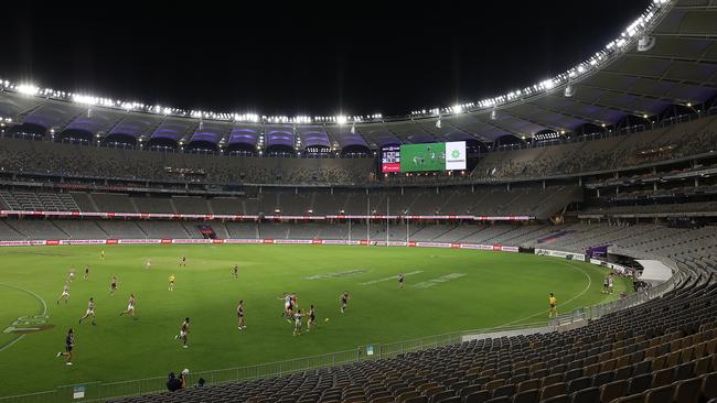 Optus Stadium in Perth during last Saturday’s AFL match between the Fremantle Dockers and the North Melbourne Kangaroos. Picture: Getty Images