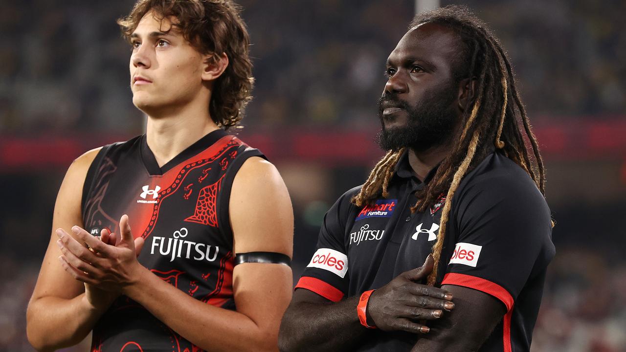 Anthony McDonald-Tipungwuti (right), pictured with Tex Wanganeen at Dreamtime at the ‘G, is coming out of retirement. Picture: Michael Klein