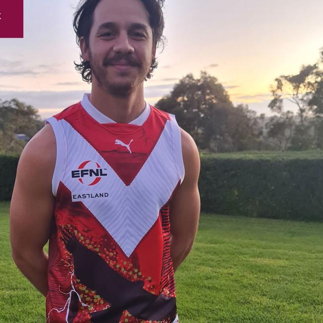 The Bloods marked NAIDOC Week with a special indigenous guernsey worn, designed by artist Mervyn Street and based off the story of Warrandyte vice-captain Nikoda Brooking’s heritage. Picture: Warrandyte FC