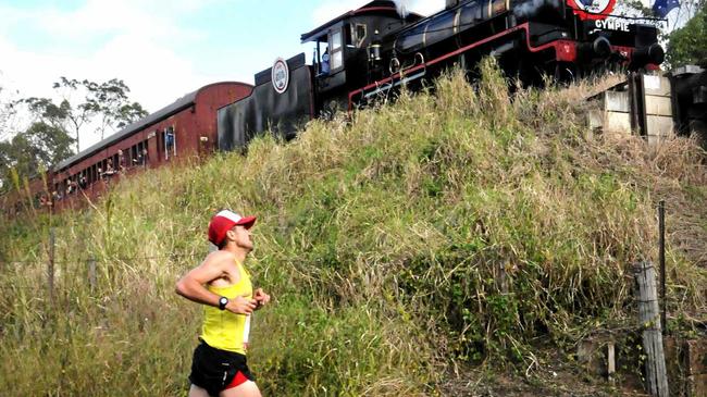 2012 Race the Rattler winner Clay Dawson races the train. Craig Warhurst/The Gympie Times. Picture: Craig Warhurst