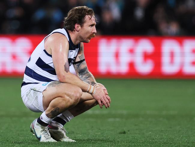 Zach Tuohy reacts after the siren. Picture: James Elsby/AFL Photos via Getty Images