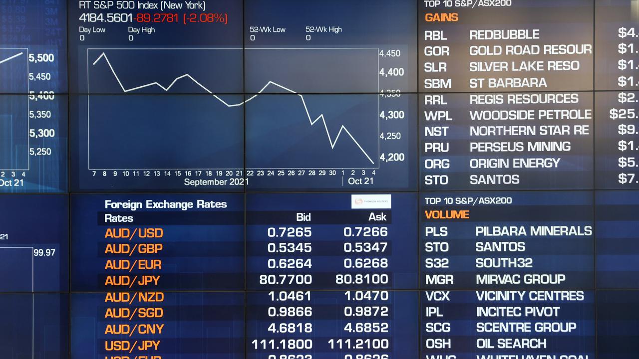 There was lots of red on the board at the ASX in Sydney on October 5 – the date of the most recent RBA meeting – with the world watching China’s Evergrande crisis. Picture: NCA NewsWire/David Swift