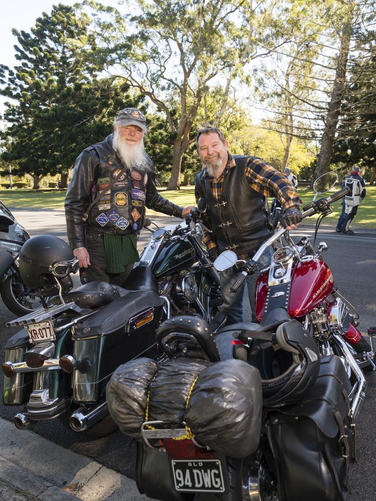 Historic Motor Cycle Club of Queensland members Pete Mikitis (left) and Shane Spencer at the Huggie Bear Memorial Toowoomba Blanket Run organised by Downs Motorcycle Sporting Club, Sunday, May 28, 2023. Picture: Kevin Farmer