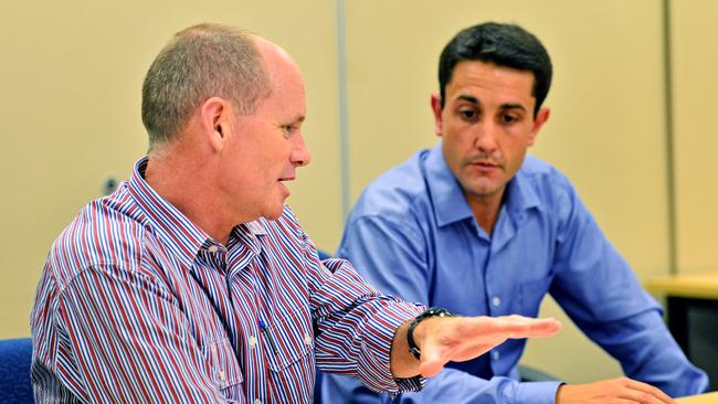 Former Queensland LNP premier Campbell Newman and incumbent leader David Crisafulli in 2014. Picture: Wesley Monts