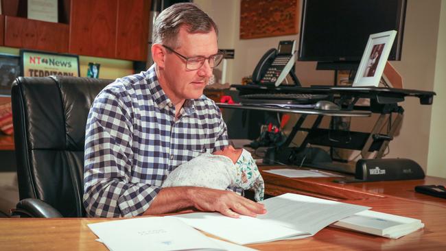 Chief Minister Michael Gunner with new son Nash. Picture: Glenn Campbell