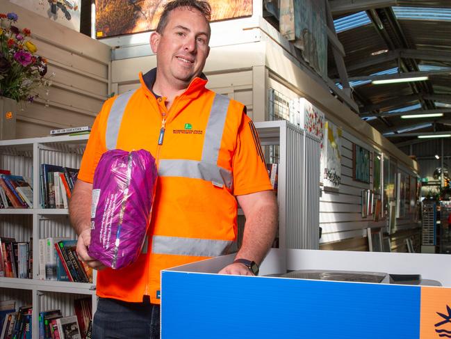 Operations manager of Mornington Park Waste Transfer Station Bruce Oates at Mornington Waste Transfer station with some soft plastics ready for recycling.Picture: Linda Higginson