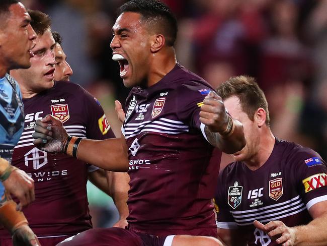 BRISBANE, AUSTRALIA - JUNE 05: Joe Ofahengaue of the Maroons and team mates celebrate a disallowed try during game one of the 2019 State of Origin series between the Queensland Maroons and the New South Wales Blues at Suncorp Stadium on June 05, 2019 in Brisbane, Australia. (Photo by Cameron Spencer/Getty Images)