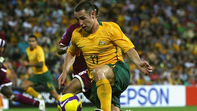 Scott McDonald in action for the Socceroos in their World Cup qualifier against Qatar in Brisbane in 2008. Picture: Getty Images