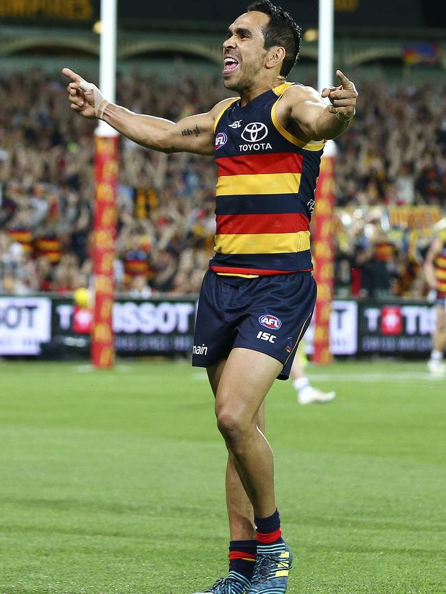 Eddie Betts celebrates a goal for Adelaide. Picture Sarah Reed