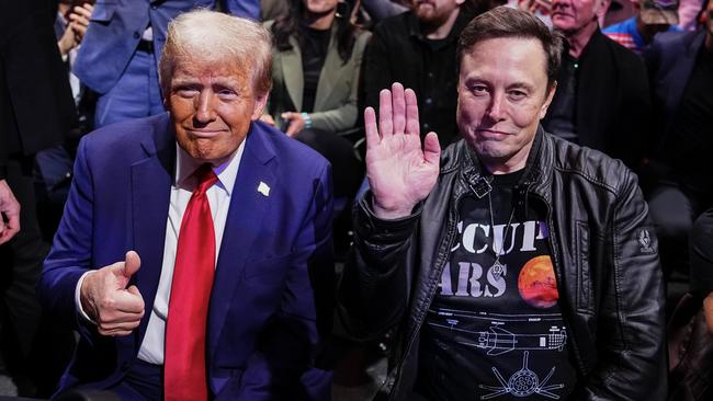 US president-elect Donald Trump and Elon Musk during the UFC contest at Madison Square Garden in New York. Picture: on November 16, 2024 in New York City. Picture: Jeff Bottari/Zuffa LLC