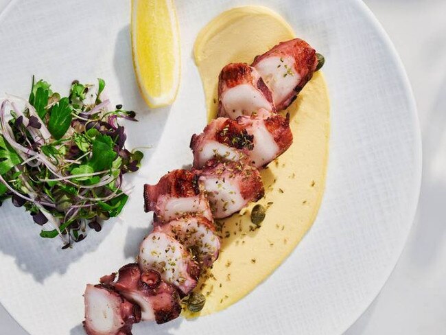 Grilled octopus and Santorini Fava from Milos.