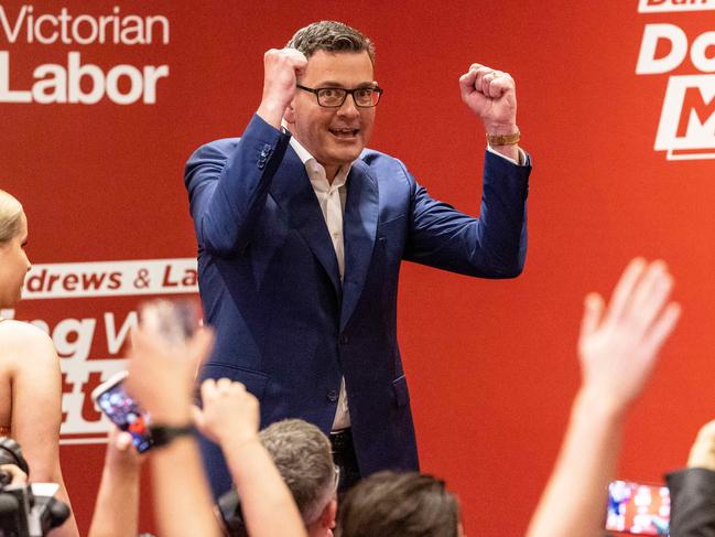 Dan Andrews celebrates winning the 2022 Victorian state election. Picture: Jake Nowakowski