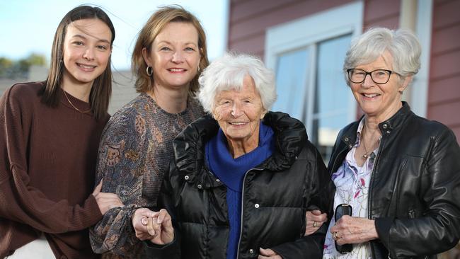 Four generations of strong women: Catherina van der Linden, who turns 110 on Friday, is pictured with, from left, great-grandaughter Isabella, 18, grandaughter Sam, 51, and her daughter Mariella, 79. Picture: Dean Martin