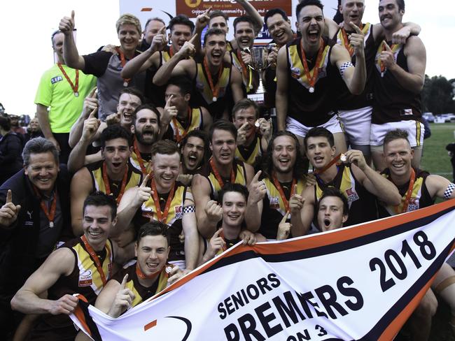 Boronia celebrates its Eastern Football League (EFL) Division 3 grand final win over Ringwood. Picture: Davis Harrigan