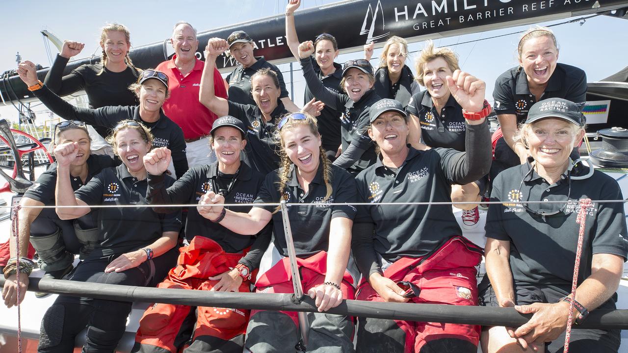 The crew of Wild Oats X after finishing the Sydney to Hobart in second place in 2018.