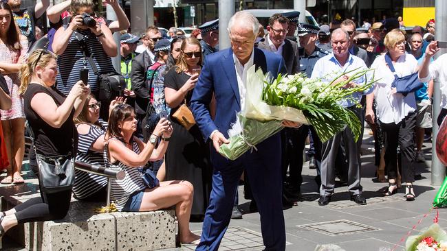 Prime Minister Malcolm Turnbull at Melbourne GPO laying floral tributes. Picture: Getty