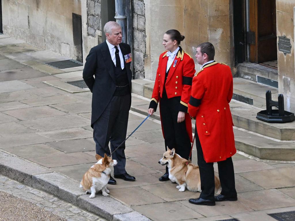 Prince Andrew stands with the Queen's corgis, Muick and Sandy inside Windsor Castle. Picture: AFP