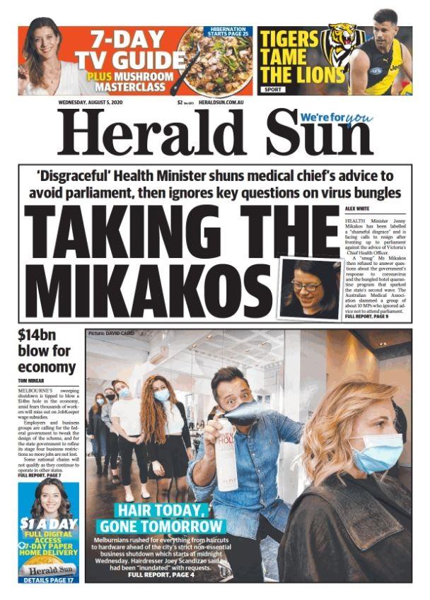 Front page of the Herald Sun Wednesday, August 5. <a href="https://heraldsun.digitaleditions.com.au/index.php?silentlogin=1">Download the digital print edition</a>