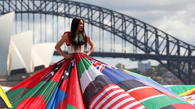 The “Amsterdam Rainbow Dress”, created to promote Sydney WorldPride 2023, modelled by actor, theatre critic and trans woman, Suzy Wrong. Picture: Tim Hunter.