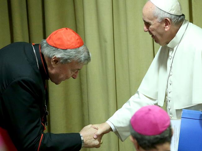 George Pell with Pope Francis in October last year. Picture: Franco Origlia/Getty Images.