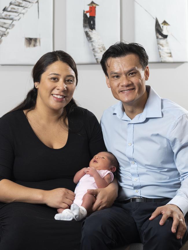 Anoulack Chanthivong with partner Anna Kovalsky and newborn Audrey Chanthivong. Picture: Matthew Vasilescu