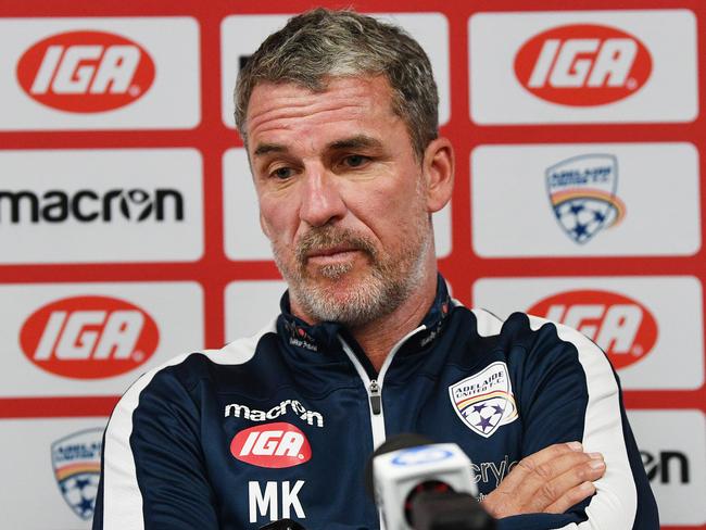 United head coach Marco Kurz speaks to the media at Coopers stadium in Hindmarsh, Adelaide. Thursday, March 14, 2019. (AAP Image/David Mariuz) NO ARCHIVING, EDITORIAL USE ONLY