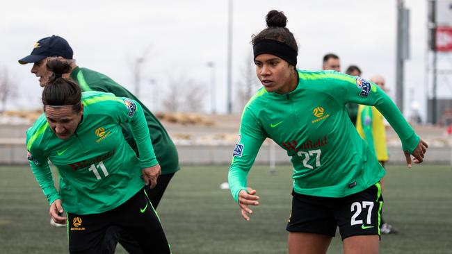 Lisa De Vanna and Mary Fowler train with the Matildas in Denver. Picture: Tristan Furney