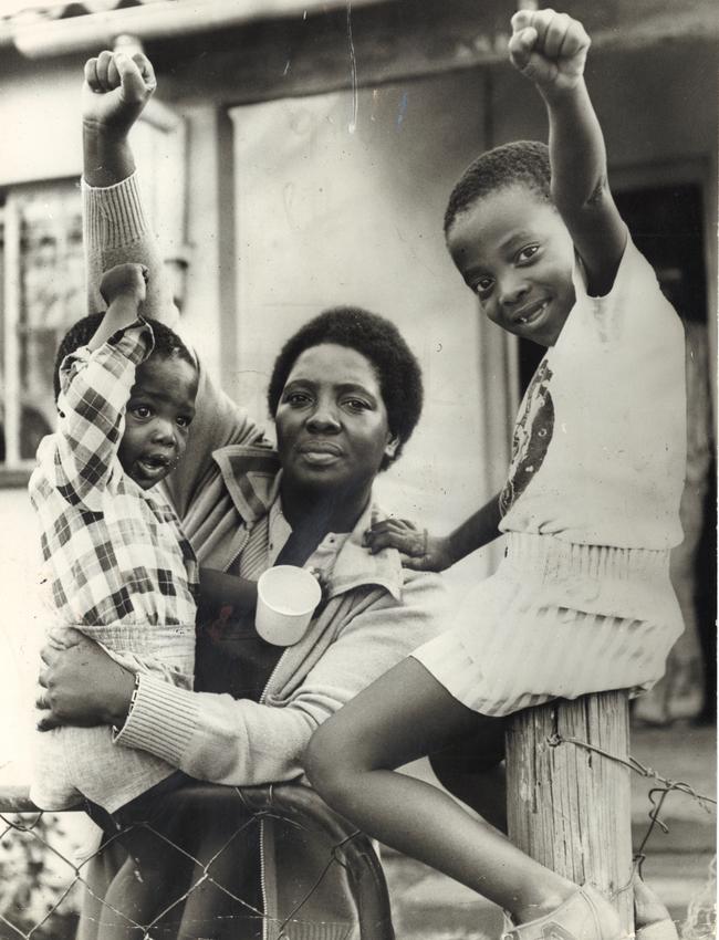 Ntsiki Biko (centre) widow of South African anti-apartheid activist Steve Biko with two of their children, Samora, 2, and Nkosinathi, 6, in 1977.