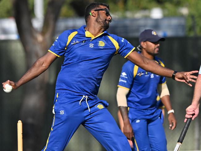 Deer ParkÃs Angelo Emmanuel during the VTCA grand final cricket match between Deer Park and St Francis de Sales in Deer Park, Saturday, March 19, 2022. Picture:Andy Brownbill