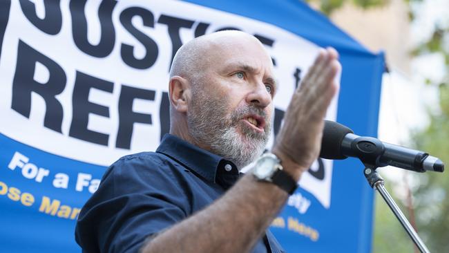 Author Richard Flanagan speaking at Palm Sunday Rally for refugees outside the State Library in Melbourne on April 14. Picture: AAP Image/Ellen Smith