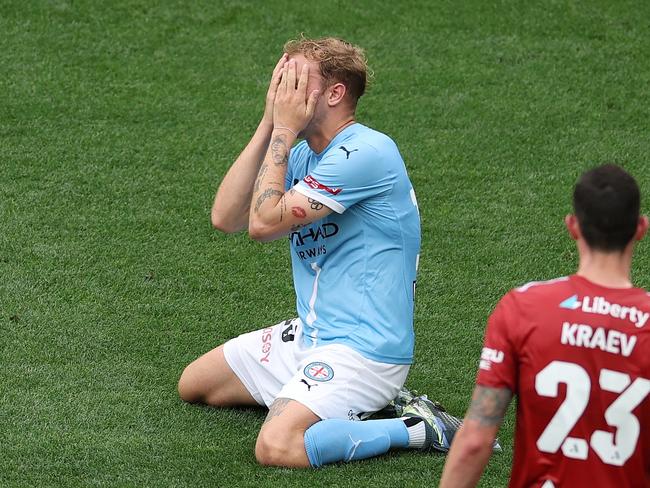 MELBOURNE, AUSTRALIA - NOVEMBER 30: Nathaniel Atkinson of Melbourne City reacts after an attempt on goal during the round six A-League Men match between Melbourne City and Western Sydney Wanderers at AAMI Park, on November 30, 2024, in Melbourne, Australia. (Photo by Robert Cianflone/Getty Images)