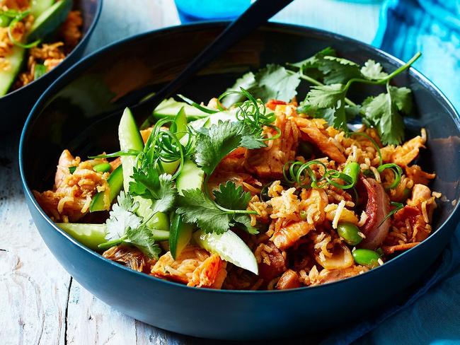 Hot-smoked salmon and kimchi fried rice.