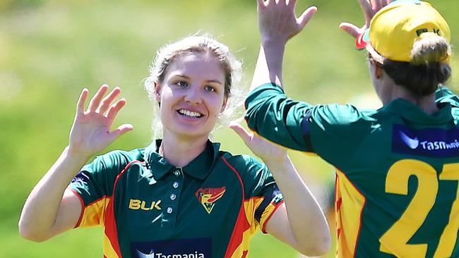 Nicola Carey celebrates after taking the wicket of Bridget Patterson during the match between the Adelaide Scorpions and Tasmania Tigers. Picture: AAP/MARK BRAKE