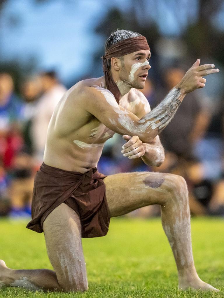 Carson Wukoon Prior-Mead takes part in the smoking ceremony and dance by Murabirigururu Aboriginal Dancers. 2023 TRL Cultural Cup, SW Qld Emus vs Pacific Nations Toowoomba. Saturday, February 25, 2023. Picture: Nev Madsen.