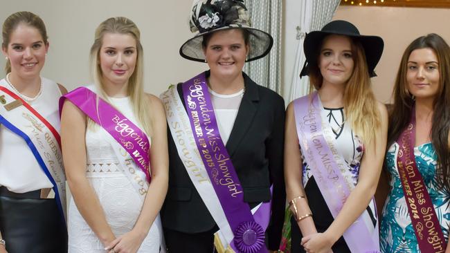 MISS SHOWGIRL: Queensland Miss Showgirl 2014 Sophie Hughes, Biggenden Miss Showgirl winner Samantha Olsen, runner up Fiona Gethings, Miss Personality Cooper-Anne Fotheringham and Biggenden Miss Showgirl 2014 Taliah Faint. Photo Contributed