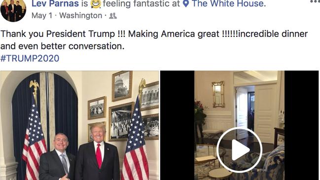 This Facebook screen shot provided by The Campaign Legal Center, shows President Donald Trump standing with Lev Parnas, top left photo, at the White House in Washington, posted on May 1, 2018. Picture: via AP