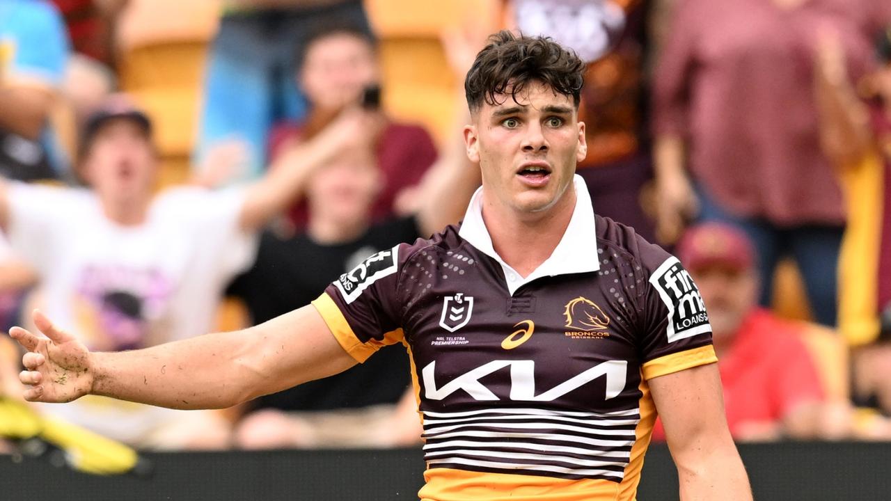 BRISBANE, AUSTRALIA – MARCH 27: Herbie Farnworth of the Broncos (top) appeals for a penalty try after he was intercepted by Kyle Feldt of the Cowboys during the round three NRL match between the Brisbane Broncos and the North Queensland Cowboys at Suncorp Stadium, on March 27, 2022, in Brisbane, Australia. (Photo by Dan Peled/Getty Images)