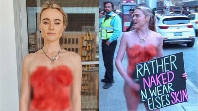 Vegan activist Tash Peterson stages another topless protest in a Nike store