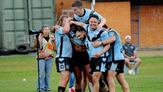 Woolgoolga celebrates a try. Picture: Leigh Jensen