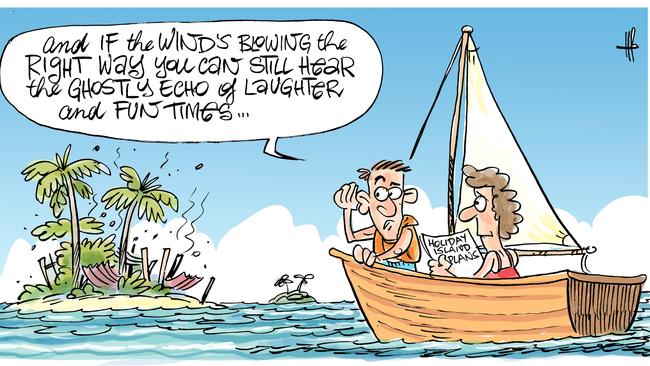 Cartoonist Harry Bruce takes a look at the Mackay Whitsunday island situation, where many formerly thriving resorts have been left to languish.