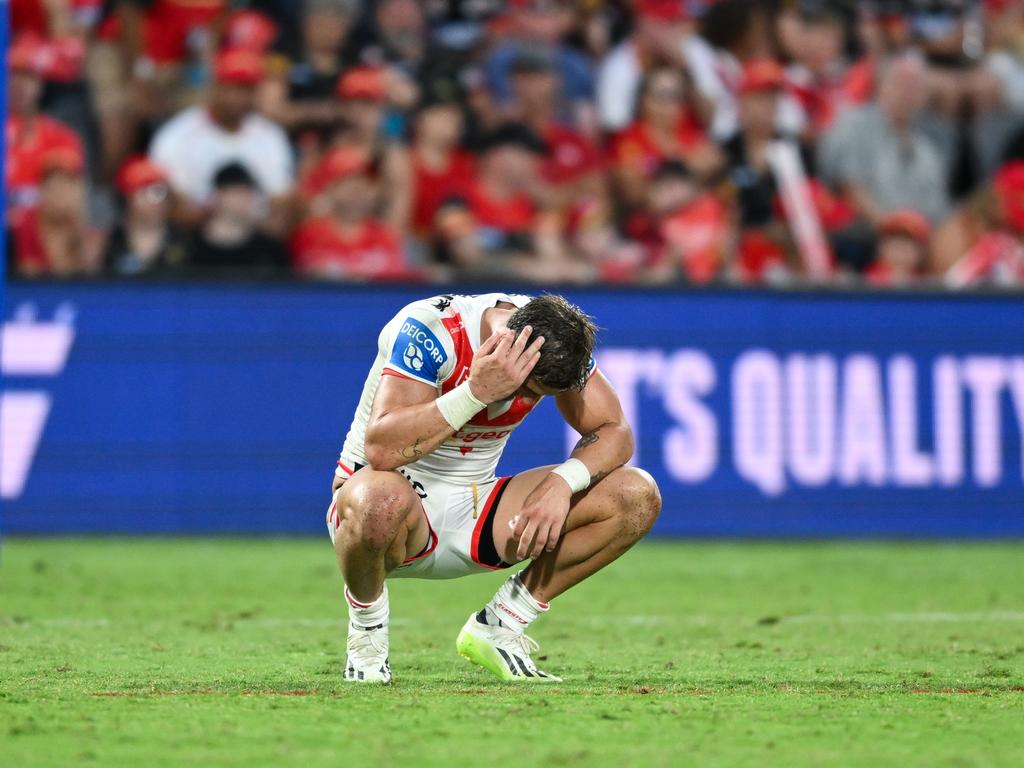 Dragons star Zac Lomax reacts during his side's loss to the Dolphins. Picture: NRL Photos