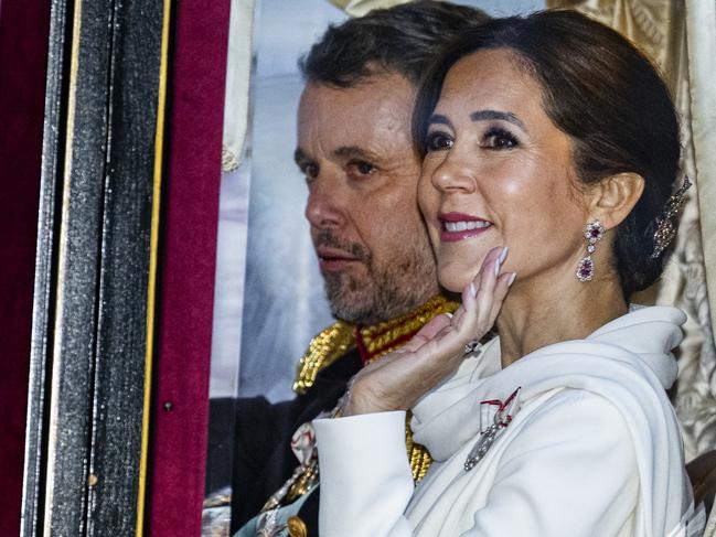 COPENHAGEN, DENMARK - JANUARY 14: King Frederik X and Queen Mary of Denmark arrive at Amalienborg after being proclaimed as King and Queen Denmark on January 14, 2024 in Copenhagen, Denmark. Her Majesty Queen Margrethe II steps down as Queen of Denmark and and entrusts the Danish throne to His Royal Highness The Crown Prince, who becomes His Majesty King Frederik X and Head of State of Denmark. (Photo by Martin Sylvest Andersen/Getty Images)