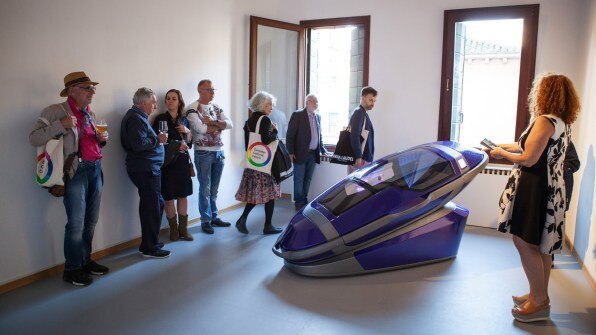 The Sarco suicide pod, invented by Dr Philip Nitschke, on display in Venice.