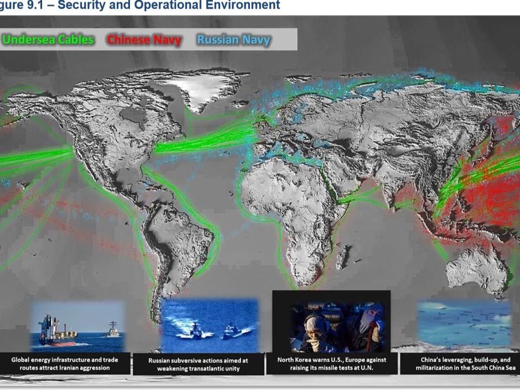 This map, included in the US Pentagon’s FY2021 Defense Budget Overview, purports to show the extent of recent Chinese and Russian naval activity. Picture: Supplied.