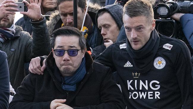 Aiyawatt Srivaddhanaprabha and Jamie Vardy at Leicester City Football Club. Picture: Getty Images