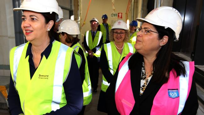 Premier Annastacia Palaszczuk and Education Minister Grace Grace inspect the construction on the new Fortitude Valley State Secondary College in June. Picture: AAP Image/Richard Waugh