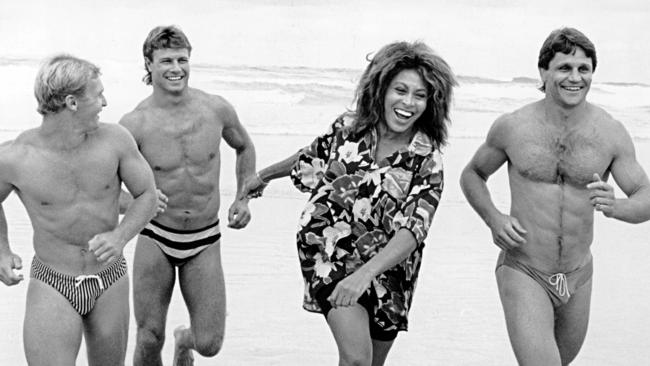 Tina Turner with Allan Langer, Andrew Ettingshausen and Wayne Pearce during filming of the Simply the Best advertising campaign for the 1990 Rugby League season on the Gold Coast. Picture: Peter Muhlbock.