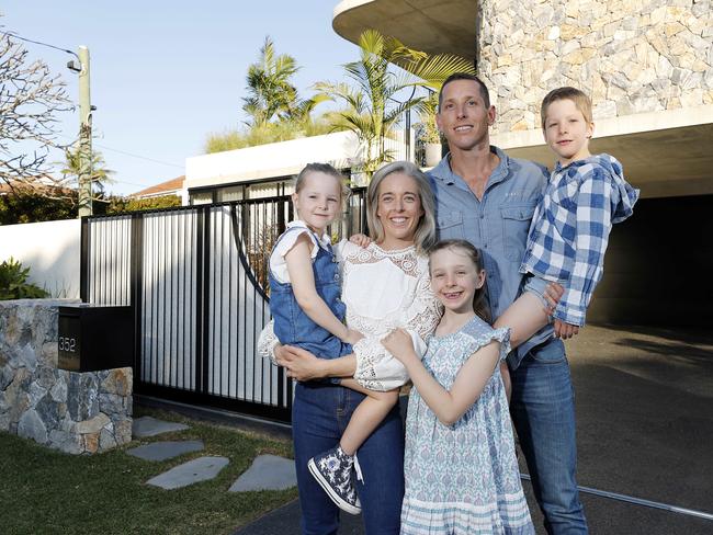 Kirsty and Ben Morland with Evie, 9, Max, 7, and Isla, 5, posing at their home in Yeronga, Brisbane.  TheyÃre selling their home in Brisbane Corso.  (Image/Josh Woning)