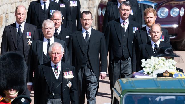 Prince Harry follows Prince Philip’s coffin during the Ceremonial Procession at his funeral last April. Picture: Pool/Samir Hussein/WireImage