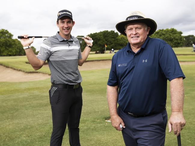 <s1>Lucas Herbert (left) and veteran Peter Senior at Royal Queensland Golf Club to unveil the Aussie PGA dates. Picture: Attila Csaszar</s1>